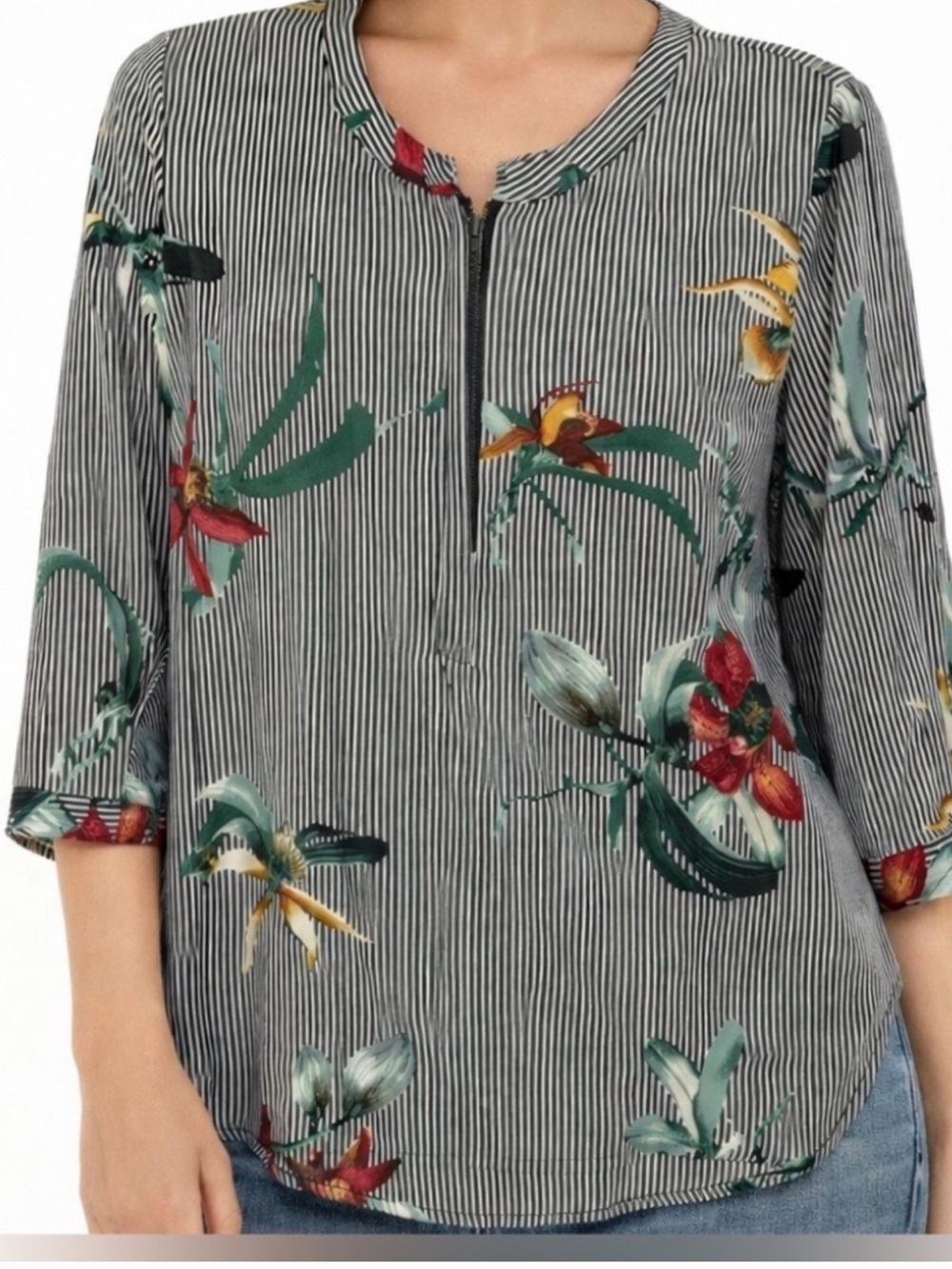 Floral Stripe Zip-Front Women's Top - Black/White with Green & Red Accents